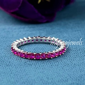 Felroze Ruby Eternity-bandring, Princess Cut-trouwring, 925 sterlingzilver volledige Eternity-ring, geboortesteen juli geboortesteen stapelring voor haar