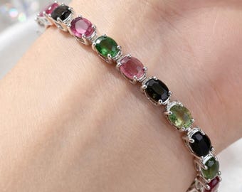 Pulsera de tenis con piedras preciosas múltiples, pulsera de turmalina, pulsera de plata de ley, joyería con piedras preciosas coloridas, pulsera apilable, regalo para ella.