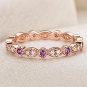 Nieuwe roségouden amethist en diamant Eternity-band, vintage geïnspireerde stapelring, sierlijke huwelijksverjaardag belofte sieraden, kerstcadeau