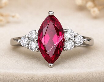 Witgouden robijnring, marquise geslepen robijn verlovingsring, CZ diamantclusterring, vintage stijl beloftering, verjaardagscadeau voor haar