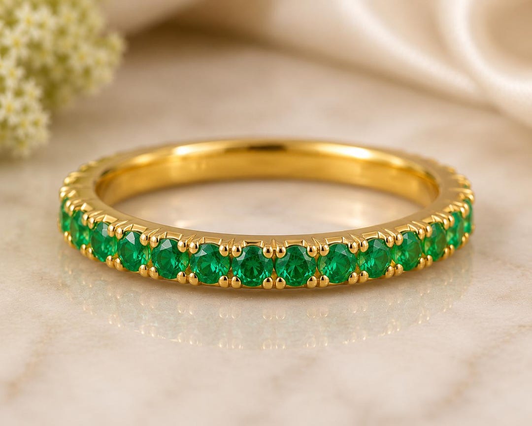 Emerald Full Eternity Band Ring, 14K Yellow Gold Stackable Wedding Ring ...
