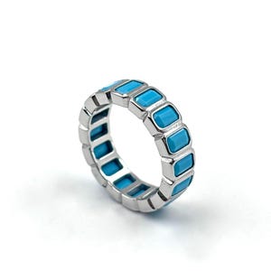 Sterling Silver Turquoise Ring – Adjustable Stackable Band, Modern Geometric Jewelry, Unique Blue Statement Ring for Women