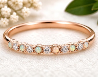 Ethiopian Opal & CZ Diamond Band Ring, Dainty Opal Wedding Band, 14k Rose Gold Band, Minimalist Stackable Ring, October Birthstone Jewelry