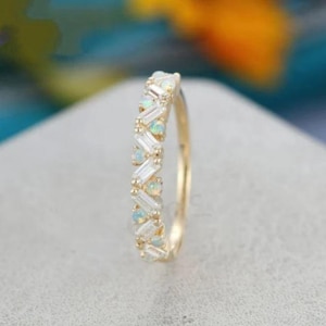 Gold Opal Eternity Band Ring – Dainty Baguette Ring, October Birthstone Jewelry, Stacking Ring, Minimalist Wedding Band, Anniversary Gift