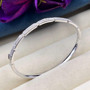 Sterling Silver CZ Bangle Bracelet –  CZ Stone Bracelet, Dainty Geometric Link Design, Minimalist Sparkling Jewelry Gift for Women