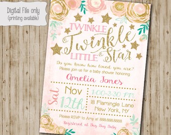 Twinkle Twinkle Little Star Baby Shower Invitation, Watercolor Flower, Twinkle Twinkle Shower Invite, Gold Glitter, Twinkles, Girl Twinkle