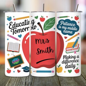 Personalized Teacher Tumbler Wrap PNG , 20oz Skinny Sublimation Design with Custom Name , Back to School Gift for Teachers, Digital Download