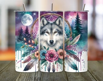 Diseño de sublimación para vaso con atrapasueños de lobo, envoltorio floral PNG (descarga digital)