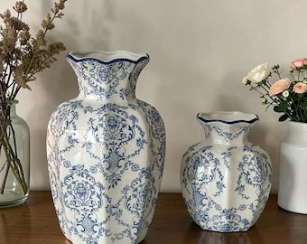 Vintage French Floral Ceramic Vase Without Flower, Blue White Porcelain Vase, Elegant Table Decor Gift