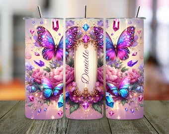 Bicchiere con farfalla floreale PNG: design a sublimazione con gioielli (download digitale)