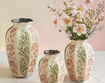 Vintage Floral Ceramic Vase Without Flowers, Rustic French Style Vase, Handmade Table Decor