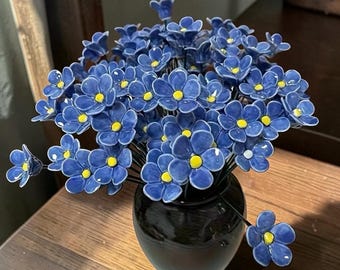 Handmade Ceramic Blue Flowers, Decorative Floral Stems, Vase Fillers for Home Decor, Gift for Her