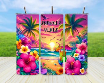 Beach Sunset Tumbler Wrap PNG: Summer Vibes Design (Digital Download)