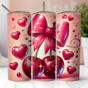 Cherry Bow Tumbler Wrap PNG, 20oz Skinny Tumbler Sublimation Design with Coquette Cherries and Pink Bows, Digital Download Girly Aesthetic