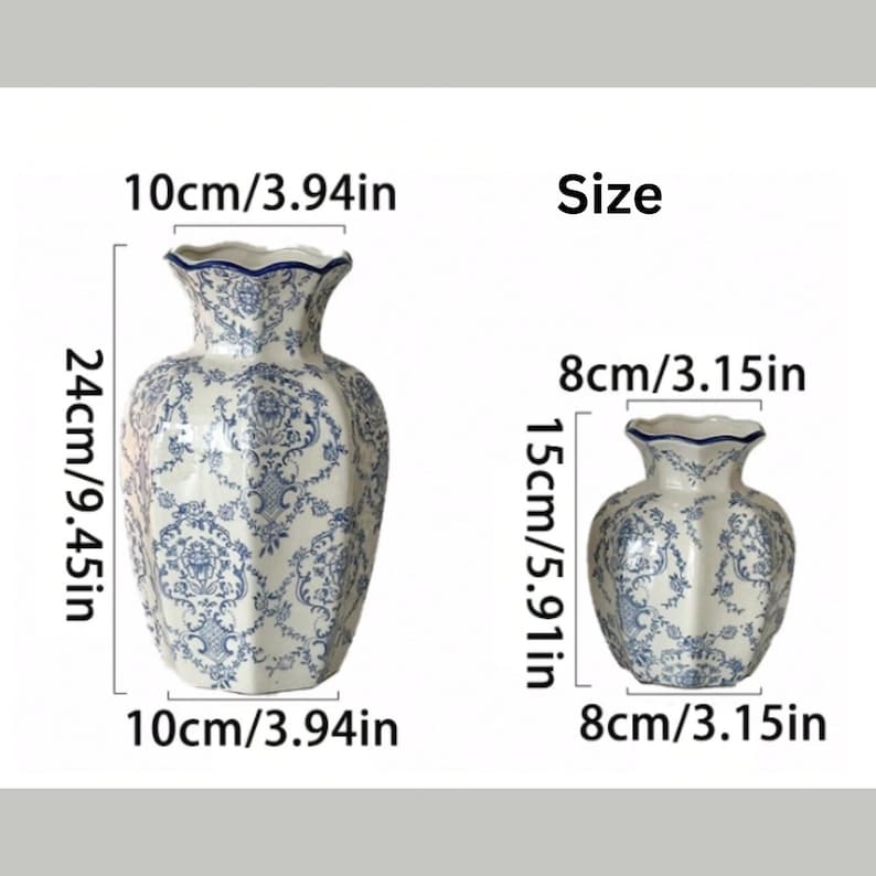 May include: Two ceramic vases with a blue and white floral pattern and scalloped rims. The larger vase measures 9.45 inches in height and 3.94 inches in width. The smaller vase measures 5.91 inches in height and 3.15 inches in width.
