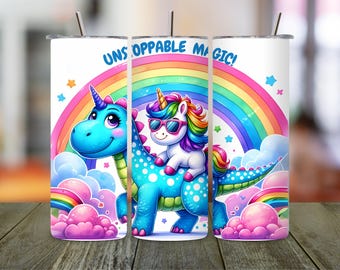 Envoltura para vaso de dinosaurio y unicornio: diseño delgado de sublimación de 20 oz (descarga digital PNG)