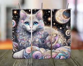 Envoltório para copo de gato Celestial Galaxy: design de sublimação para copo fino de 20 onças (download digital PNG)