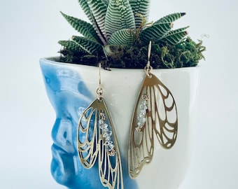 Butterfly Wing Earrings, Brass, Herkimer Diamonds, Simple Earrings