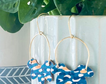 Scalloped Blue Leather Earrings, Brass, Simple Earrings