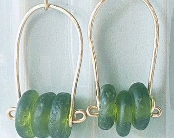 Kettle Bell Brass Earrings with Recycled Green Glass