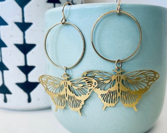 Butterfly Hoops, Brass Earrings