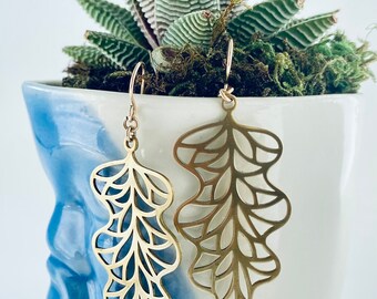 Geometric Leaf Earrings, Brass, Simple Earrings
