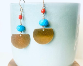 Faceted Turquoise, Coral, Brass Earrings