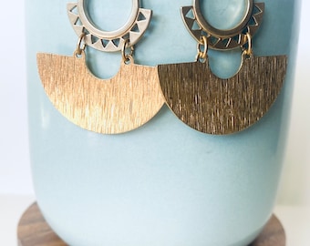 Triangles, Textured Semi Circle, Brass Earrings