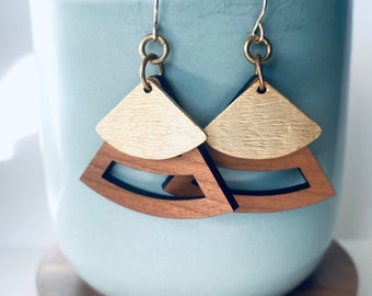 Triangle Earrings, Brass, Wood, Simple Earrings