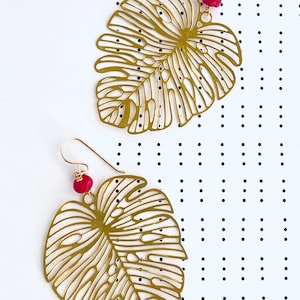 Giant Monstera Earrings, Brass, Ruby, Simple Earrings