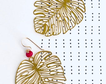 Giant Monstera Earrings, Brass, Ruby, Simple Earrings