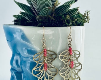 Geometric Leaf Earrings, Brass & Ruby Simple Earrings