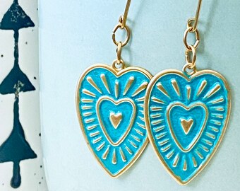 Turquoise Heart, Brass Earrings