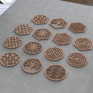 Plantilla para juego de posavasos de madera / Patrones geométricos y naturales / Archivos SVG, DXF, AI, LBRN2, XCS / Archivos para corte láser / 12 diseños