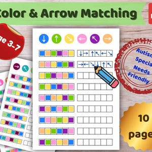 May include: A printable Color & Arrow Matching activity sheet featuring rows of colored squares and directional arrows. The worksheet includes a blue pencil graphic, a red 'Age 3-7' circle, a red 'Autism & Special Needs Friendly' stamp, and a gold '10 pages' seal.