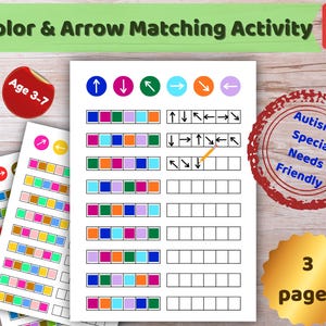 May include: Educational activity sheets for children aged 3-7, featuring color and arrow matching exercises. The worksheets include color blocks and directional arrows, designed to be autism and special needs friendly. The image shows multiple pages.