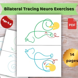 Peut inclure: Un PDF imprimable intitulé "Exercices Neuro de Traçage Bilatéral" pour les enfants de 4 à 8 ans. L'image présente des dessins au trait en vert et bleu avec des formes de mains jaunes et des flèches rouges. Le produit comprend 14 pages.