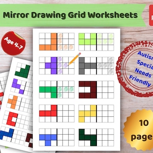 May include: A set of "Mirror Drawing Grid Worksheets" for ages 4-7, designed to be autism and special needs friendly. The worksheets feature grid-based drawings with colorful patterns, including orange, purple, green, red, yellow, and blue. The PDF includes 10 pages.
