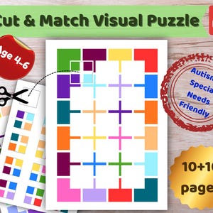 Klipp och matcha visuellt pussel, färglägga block, fyrkantig matchningsmatris, sensorvänlig pärm för autism och ADHD, utskrivbar PDF