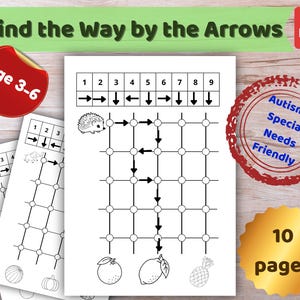 Op de afbeelding: Een printbaar educatief werkblad getiteld Find the Way by the Arrows met een raster met een egel, richtingpijlen en fruitillustraties. De pagina bevat een genummerde reeks, een rode Age 3-6 badge en een gouden 10 pages zegel.