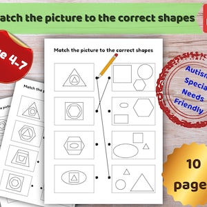 May include: A printable educational worksheet titled Match the picture to the correct shapes featuring black and white line drawings of geometric shapes like triangles, circles, squares, hexagons, and ovals. A yellow pencil is shown drawing lines.