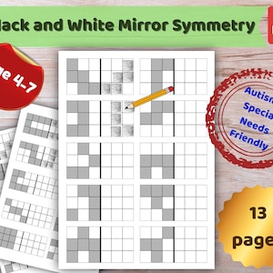 May include: A printable PDF worksheet titled Black and White Mirror Symmetry for ages 4-7, featuring grid-based exercises with gray squares and a yellow pencil. The document includes 13 pages designed for autism and special needs learning support.