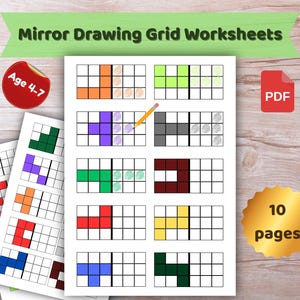 Puede incluir: Hojas de trabajo de cuadrícula de dibujo de espejo para edades de 4 a 7 años. Las hojas de trabajo presentan dibujos basados en cuadrículas con patrones coloridos. La imagen incluye una pegatina roja con el texto "Age 4-7", un icono PDF y una pegatina dorada que dice "10 páginas".