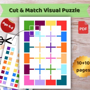 May include: A visual puzzle for ages 4-6, featuring colorful geometric shapes. The image includes a main puzzle board with cut-out sections and matching pieces, along with the text "Cut & Match Visual Puzzle". A PDF icon and a sticker that says "Age 4-6" are also visible.