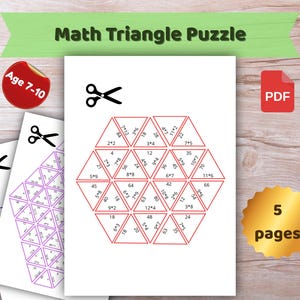 Puede incluir: Rompecabezas de triángulo matemático para edades de 7 a 10 años. La imagen muestra un papel blanco con un rompecabezas matemático impreso. El rompecabezas está formado por triángulos con problemas matemáticos. Incluye una pegatina roja con "Edad 7-10".