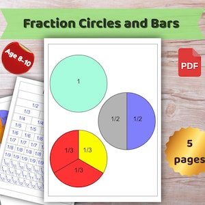 May include: Educational printable featuring fraction circles and bars for ages 8-10. The image shows circles divided into fractions, including halves and thirds, with a table of fractions. The title "Fraction Circles and Bars" is displayed at the top.