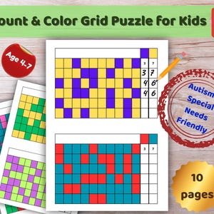Może przedstawiać: Drukowana łamigłówka z siatką do liczenia i kolorowania dla dzieci, z kolorowymi siatkami z liczbami. Obraz zawiera tekst "Count & Color Grid Puzzle for Kids," "Age 4-7," i "Autism & Special Needs Friendly."