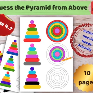 May include: A printable PDF activity sheet titled Guess the Pyramid from Above for ages 4-7. The page features colorful illustrations of stacked pyramid rings, concentric circles, and outlines for coloring, including a pencil and 10 pages total.