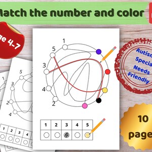 May include: A printable educational worksheet titled Match the number and color featuring a circular diagram with numbers 1 through 5 and colored dots. The page includes a ten-frame grid at the bottom for counting practice, with a yellow pencil icon.
