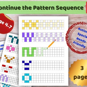 Può includere: Foglio di lavoro educativo intitolato "Continue the Pattern Sequence" per bambini dai 4 ai 7 anni. Il foglio di lavoro presenta motivi colorati e una matita, progettati per aiutare i bambini con autismo e bisogni speciali. L'immagine include anche un adesivo rosso e un sigillo dorato.